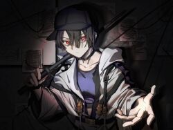 1girl asymmetrical_bangs baton_(weapon) black_hair black_hat chinese_commentary choker commentary_request dark_room ear_piercing hair_over_one_eye hat highres holding_baton_(weapon) long_sleeves looking_at_viewer md0377380788702 milgram paper parted_bangs piercing purple_sports_bra reaching reaching_towards_viewer red_eyes serious short_hair solo sports_bra squiggle straitjacket upper_body very_short_hair weapon yuzuriha_kotoko