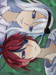 1boy 1girl ahoge black_hair blue_eyes grass kashimiya_karua long_hair looking_at_another looking_to_the_side lying on_back portrait red_hair sumino_takumi the_hundred_line_-last_defense_academy- white_hair