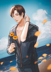 1boy absurdres beach black_jacket blue_eyes brown_hair day flower hand_up highres holding holding_flower jacket male_focus outdoors petals senryoko standing toraware_no_palm wristband