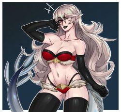 1girl 2024 adjusting_hair arm_at_side armor bare_shoulders bikini bikini_armor black_gloves black_lips black_thighhighs breasts christmas commentary contrapposto corrin_(female)_(fire_emblem) corrin_(fire_emblem) cropped_legs desn dragon_girl dragon_tail elbow_gloves english_commentary female_focus fire_emblem fire_emblem_fates fur_trim gloves grey_hair highres looking_at_viewer medium_breasts navel night night_sky nintendo one_eye_closed outdoors outside_border plunging_neckline pointy_ears red_bikini red_eyes revealing_clothes shiny_skin simple_background sky solo star_(sky) starry_sky stomach strapless swimsuit tail thighhighs thighs tube_top wavy_hair wink