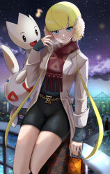 1girl bag blonde_hair blue_eyes blush bridge cloud elesa_(palentine&#039;s_2023)_(pokemon) elesa_(pokemon) gen_2_pokemon looking_at_viewer musical_note nail_polish night night_sky nintendo official_alternate_costume on_railing open_mouth pokemon pokemon_masters_ex railing scarf setta_shu shorts sitting sky smile star_(sky) togetic wings