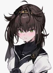 Rule 34 | 1girl, anchor symbol, aogisa, black hair, black headband, black neckerchief, black sailor collar, blush, breasts, brown hair, closed mouth, clothes writing, green eyes, grey background, hachimaki, hair between eyes, hatsuzuki (kancolle), headband, highres, kantai collection, looking at viewer, neckerchief, sailor collar, school uniform, simple background, small breasts, solo, upper body