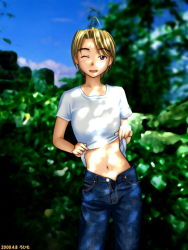 1girl 2000 ahoge androgynous artist_name blue_sky brown_eyes brown_hair clothes_lift cloud cowboy_shot dappled_sunlight dated day denim facing_viewer female_focus flashing jeans konno_mitsune looking_at_viewer love_hina midriff non-web_source one_eye_closed open_fly outdoors pants reverse_trap rohimo shirt shirt_lift short_hair sky solo standing sunlight t-shirt tree unzipped wink