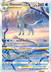 animal_focus artist_name card_(medium) character_name company_name copyright_name copyright_notice english_text full_body gemi gen_4_pokemon glaceon nintendo no_humans official_art outdoors pokemon pokemon_(creature) pokemon_card pokemon_focus pokemon_tcg snow snowing solo third-party_source trading_card tree