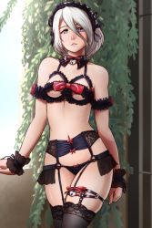 1girl 2b_(nier:automata) arm_garter arms_at_sides bare_shoulders black_hairband black_panties black_ribbon black_thighhighs blue_eyes bow bow_panties bra breasts collar collarbone commentary_request cowboy_shot day detached_collar door eyelashes female_focus finalcake frilled_collar frills garter_belt garter_straps hair_between_eyes hair_ornament hair_ribbon hairband half-closed_eyes highres ivy key lace lace_bra lace_legwear legs_together lingerie lock lolita_hairband mole mole_under_mouth navel neck_ribbon nier:automata nier_(series) no_blindfold nose outdoors overgrown padlock panties parted_lips pink_lips plant post-apocalypse red_bow red_ribbon ribbon ruins see-through_clothes shiny_skin short_hair silver_hair skindentation small_breasts solo standing stomach string_panties teeth thighhighs underwear underwear_only window wrist_cuffs