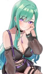 1girl alcohol bare_shoulders black_choker black_nails black_shorts bracelet breasts choker cleavage cup detached_sleeves drinking_glass fishnet_pantyhose fishnet_thighhighs fishnets green_hair head_rest highres jewelry long_hair looking_at_viewer midriff mole mole_on_breast nakano_kura navel necklace pantyhose purple_eyes see-through_clothes see-through_sleeves short_shorts shorts sitting solo swept_bangs thigh_strap thighhighs virtual_youtuber vspo! wine wine_glass yakumo_beni yakumo_beni_(2nd_costume)