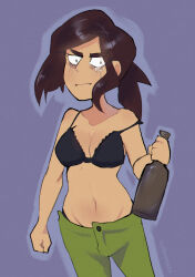 angry black_bra black_panties bottle bra coffeetears crying crying_with_eyes_open green_pants holding holding_bottle inside_job lace lace-trimmed_bra lace_trim navel panties pants reagan_ridley strap_slip tearing_up tears underwear