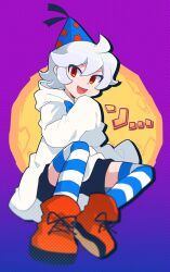Rule 34 | 1boy, bow, chiimako, doopliss, gloves, hat, humanization, looking at viewer, mario (series), nintendo, open mouth, paper mario, paper mario: the thousand-year door, party hat, personification, red eyes, sheet ghost, smile, solo, thighhighs, translation request