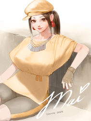 1girl 2025 artist_name bike_shorts breasts brown_eyes brown_hair casual character_name closed_mouth collarbone commentary conto earrings elbow_rest english_commentary fatal_fury fingerless_gloves gloves grey_shorts hat heart highres jewelry large_breasts lips long_hair looking_at_viewer loose_clothes loose_shirt necklace official_alternate_costume parted_bangs pink_lips ponytail red_nails shiranui_mai shirt shorts sitting solo sportswear the_king_of_fighters thighs yellow_hat yellow_shirt