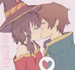 1boy 1girl artist_name brown_hair closed_eyes commentary english_commentary french_kiss from_side hat heart hetero highres kiss kono_subarashii_sekai_ni_shukufuku_wo! megumin non-web_source pink_background satou_kazuma self-upload short_hair simple_background source_request upper_body valdorya witch_hat