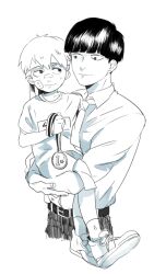 2boys aged_down aged_up ankle_socks bandaid bandaid_on_cheek bandaid_on_face bare_arms belt blunt_bangs child closed_mouth collared_shirt commentary_request cropped_legs dress_shirt greyscale holding holding_medal kageyama_shigeo lifting_person light_smile long_sleeves looking_at_another medal mob_psycho_100 monochrome multiple_boys necktie pants reigen_arataka saha shirt shoes short_hair short_sleeves shorts simple_background smile sneakers socks sweatdrop t-shirt thick_eyebrows white_background