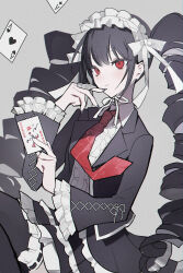 1girl absurdres ace_(playing_card) ace_of_diamonds ace_of_hearts ajirui between_fingers black_hair black_jacket black_nails black_skirt black_thighhighs bonnet card card_between_fingers celestia_ludenberg center_frills claw_ring closed_mouth danganronpa:_trigger_happy_havoc danganronpa_(series) diamond_(shape) drill_hair earrings frilled_jacket frilled_skirt frilled_sleeves frills gothic_lolita grey_background heart highres holding holding_card jacket jewelry joker_(playing_card) lolita_fashion long_hair long_sleeves looking_at_viewer nail_polish necktie playing_card red_eyes red_necktie sitting skirt solo thighhighs twin_drills twintails