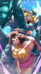 2girls armor bare_shoulders blonde_hair blue_armor blue_helmet breasts brown_hair cowboy_shot dark_magician_girl dark_magician_girl_the_dragon_knight dragon duel_monster green_eyes helmet large_breasts long_hair mazaki_anzu multiple_girls one_eye_closed riding smile the_eye_of_timaeus vincent_graphic_art yu-gi-oh! yu-gi-oh!_duel_monsters