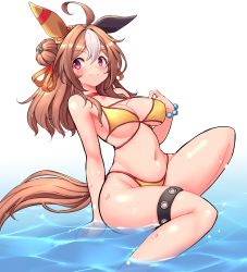 alternate_costume animal_ears bikini breasts brown_hair cleavage commentary_request copano_rickey_(umamusume) double_bun hair_bun highres horse_ears horse_tail medium_breasts medium_hair navel ocean purple_eyes ranken simple_background swimsuit tail thigh_strap umamusume wet white_background