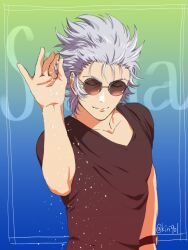 1boy alternate_costume black_shirt cancer_death_mask casual closed_eyes grey_hair hand_up kiriku_(nakuro) male_focus meme parody saint_seiya salt salt_bae_(meme) shirt short_hair short_sleeves sideburns smil solo spiked_hair sprinkling sunglasses u_u upper_body
