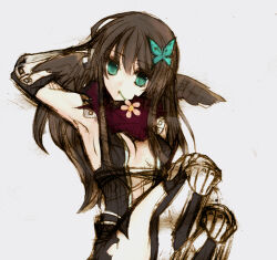 1girl armor armored_boots armpits assassin_cross_(ragnarok_online) black_gloves black_leotard black_thighhighs blue_eyes boots breasts brown_hair brown_wings butterfly_hair_ornament closed_mouth commentary_request elbow_gloves feathered_wings feet_out_of_frame flower flower_in_mouth gloves hair_ornament hand_in_own_hair head_wings kusabi_(aighe) leotard long_hair looking_at_viewer pauldrons pink_flower ragnarok_online red_scarf scarf shoulder_armor simple_background sitting small_breasts solo thighhighs wings