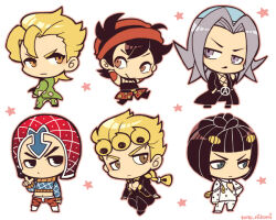 6+boys belt black_coat black_hair black_pants blonde_hair blunt_bangs braid brown_eyes bruno_bucciarati chibi chibi_only closed_mouth coat full_body giorno_giovanna green_jacket grey_eyes grey_hair guido_mista hat index_finger_raised jacket jojo_no_kimyou_na_bouken kotorai leone_abbacchio long_sleeves looking_back midriff multiple_boys narancia_ghirga pannacotta_fugo pants red_hat short_hair star_(symbol) twitter_username white_background white_jacket white_pants