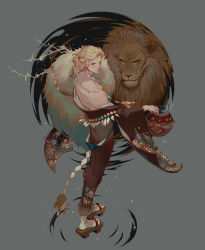 1boy 2017 animal artist_name blonde_hair brown_shawl closed_mouth dated earrings feather_boa floral_print full_body geta grey_background highres jewelry leo_(zodiac) lian_yao lion looking_at_viewer male_focus orange_eyes original personification petals shawl socks solo standing tabi toned toned_male white_socks zodiac