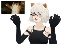 a2_(nier:automata) animal_ears blue_eyes cat_ears fang game_screenshot_inset mitsuki_nite mole nier:automata nier_(series) short_hair white_background white_hair