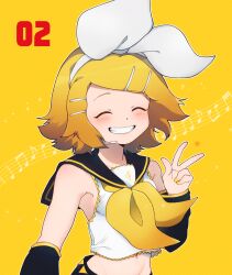 Rule 34 | 1girl, black sailor collar, blush, closed eyes, detached sleeves, facing viewer, grin, hairband, headset, highres, kagamine rin, komewatari, musical note, musical staff, sailor collar, shirt, short hair, smile, solo, vocaloid, white hairband, white shirt, yellow background