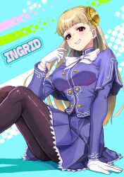 Rule 34 | 1girl, blonde hair, bow, breasts, brown pantyhose, capcom fighting jam, gloves, hairpods, highres, ingrid (capcom), long hair, pantyhose, red eyes, sitting, skirt, smile, solo, white bow, white gloves, yukinoshin f