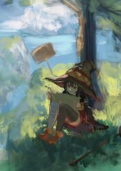 1girl bandaged_leg bandages black_hair cape cloud cloudy_sky dress grass hat highres kono_subarashii_sekai_ni_shukufuku_wo! koukouya looking_at_another mage_staff megumin ocean red_dress red_eyes sitting sky solo table tree water witch_hat