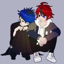 Rule 34 | 2boys, ahoge, black hair, black pants, blue eyes, blue hair, closed eyes, closed mouth, collar, collarbone, cuddling, drawstring, earrings, full body, grey background, hair between eyes, japanese clothes, jewelry, long sleeves, male focus, messy hair, multicolored eyes, multicolored hair, multiple boys, omokage yugamu, open mouth, pants, red eyes, red hair, shirt, simple background, sitting, sleeping, streaked hair, the hundred line -last defense academy-, white shirt, yaoi