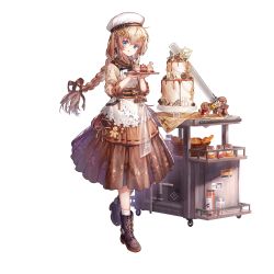 1girl :q apron baking_sheet basket birthday_cake blue_eyes blush boots bow braid braided_ponytail bread brown_dress brown_hair brown_ribbon cake choco_(neural_cloud) cookie cupcake dress fnc_(girls&#039;_frontline) food full_body game_cg gingerbread_man girls&#039;_frontline girls&#039;_frontline_neural_cloud hair_ornament hair_ribbon hat highres holding holding_tray holding_weapon jam jar licking_lips long_hair looking_at_viewer official_art oven_mitts ribbon serving_cart smile solo sword tongue tongue_out transparent_background tray weapon