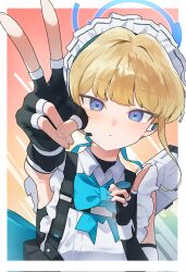 Rule 34 | 1girl, apron, black dress, black gloves, blonde hair, blue archive, blue bow, blue eyes, blue halo, blue ribbon, blush, bow, closed mouth, double v, dress, elbow gloves, fingerless gloves, gloves, hair ribbon, halo, highres, looking at viewer, maid apron, maid headdress, pisik, ribbon, short hair, sleeveless, sleeveless dress, solo, toki (blue archive), upper body, v, white apron