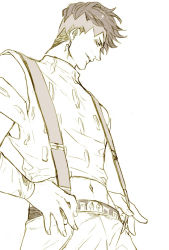 Rule 34 | 1boy, atsuyu, bad id, bad pixiv id, belt, diamond is not crash, earrings, headband, jewelry, jojo no kimyou na bouken, kishibe rohan, male focus, midriff, monochrome, solo, suspenders