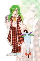 1girl ascot bow clock closed_umbrella dungeon_toaster flower flower_button green_eyes green_hair hat highres kazami_yuuka kazami_yuuka_(pc-98) long_hair long_sleeves looking_at_viewer pants parasol plaid_clothes plaid_pants plaid_vest pocket_watch red_pants red_vest smile sunflower touhou touhou_(pc-98) umbrella vest watch yellow_ascot