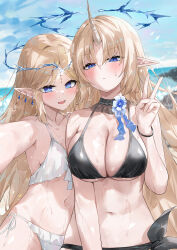 2girls :&lt; alternate_costume bare_shoulders bikini black_bikini blonde_hair blue_eyes blue_pupils blue_sky blush breasts cartethyia_(wuthering_waves) commentary crown_of_thorns day dema_hmw earrings fleurdelys_(wuthering_waves) hand_up highres horns jewelry large_arm long_hair looking_at_viewer medium_breasts multiple_girls navel open_mouth outdoors parted_bangs pointy_ears side-tie_bikini_bottom sidelocks single_horn sky smile stomach sweatdrop swimsuit tacet_mark_(wuthering_waves) v very_long_hair wet white_bikini wuthering_waves yellow_horns