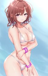 1girl ana_(vvvvor) bikini blue_background bracelet breasts brown_hair cleavage collarbone commentary_request cowboy_shot hand_on_own_arm higuchi_madoka idolmaster idolmaster_shiny_colors jewelry looking_at_viewer medium_breasts mole mole_under_eye navel parted_lips pink_bikini purple_eyes shiny_skin short_hair solo standing swimsuit