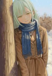 1girl absurdres against_tree bang_dream! bang_dream!_it&#039;s_mygo!!!!! coat commentary_request green_hair half-closed_eyes head_tilt highres jiawenqing long_hair long_sleeves looking_down mortis_(bang_dream!) outdoors scarf snow solo tree trench_coat wakaba_mutsumi winter yellow_eyes