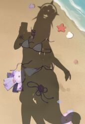 1girl absurdres animal_ears beach bikini blue_archive cellphone dressed_shadow_(meme) flower fox_ears fox_girl fox_tail gurenola hair_ornament highres holding holding_phone meme ocean official_alternate_costume phone purple_flower shadow smartphone solo swimsuit tail tail_flower tail_ornament taking_picture unworn_clothes wakamo_(blue_archive) wakamo_(swimsuit)_(blue_archive) white_bikini