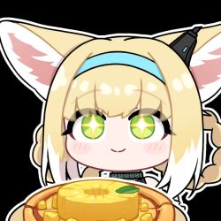 +_+ 1girl acomu414 animal_ear_fluff animal_ears animated animated_gif arknights blinking blonde_hair blue_hairband blush braid braided_hair_rings closed_mouth colored_tips earpiece food fox_ears fox_girl green_eyes hair_rings hairband infection_monitor_(arknights) multicolored_hair pineapple_on_pizza pizza solo suzuran_(arknights) two-tone_hair upper_body white_hair