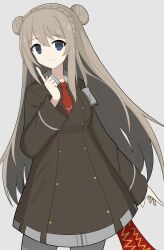 1girl arm_at_side armband blue_eyes braid brown_dress buttons closed_mouth collared_dress contrapposto cowboy_shot crown_braid dot_nose double-breasted double_bun dress grey_hair hair_bun hand_up hector_(sentinel_girls) highres index_finger_raised long_hair long_sleeves looking_at_viewer necktie pantyhose red_necktie sentinel_girls simple_background sironuigurumi smile solo very_long_hair white_armband white_background white_pantyhose