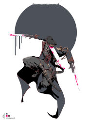 1boy absurdres aiguillette black_coat black_pants black_shirt blood bloody_weapon chainsaw_man coat collared_shirt english_text full_body hat highres katana katana_man_(chainsaw_man) kurobameiyos male_focus midair military_hat pants sheath sheathed shirt simple_background solo sword trench_coat weapon