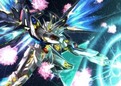 beam_rifle energy_gun energy_wings glowing gun gundam gundam_seed gundam_seed_freedom highres holding holding_gun holding_weapon mecha mecha_focus mechaklear mechanical_wings mobile_suit no_humans robot science_fiction solo space strike_freedom_gundam thrusters v-fin weapon wings yellow_eyes