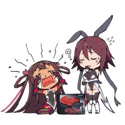 2girls :&lt; :o ? bare_shoulders bed black_hair boots breasts brown_eyes brown_hair chibi closed_eyes dark-skinned_female dark_skin female_focus fishnets frilled_skirt frills game_console gloves hair_between_eyes hair_ribbon high_heel_boots high_heels highleg highleg_leotard large_breasts leotard long_hair looking_at_another mizuki_shiranui mizuki_yukikaze mother_and_daughter multiple_girls nintendo pun revealing_clothes ribbon sad shiny_skin sideboob sitting skirt smile taimanin_(series) taimanin_yukikaze taimanun tears transparent_background turtleneck twintails two_side_up very_long_hair virtual_boy