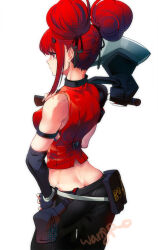 1girl artist_name axe battle_axe black_gloves black_panties butt_crack commentary_request double_bun faye_(girls&#039;_frontline_2) fingerless_gloves from_behind girls&#039;_frontline girls&#039;_frontline_2:_exilium gloves hair_bun hand_on_own_hip highres holding holding_axe korean_commentary panties pouch red_eyes red_hair simple_background solo underwear wangpo weapon white_background
