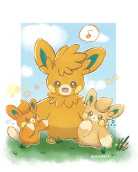 :d :o ? ?? brown_eyes chira_(riiche573) closed_mouth commentary_request creatures_(company) evolutionary_line game_freak grass hand_up heart highres musical_note nintendo no_humans open_mouth pawmi pawmo pawmot pokemon pokemon_(creature) smile spoken_musical_note standing