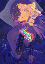 1girl absurdres artist_collaboration breasts city_lights cloud commentary cowboy_shot dress english_commentary floating_hair grey_eyes halter_dress halterneck hand_up hat highres long_hair looking_at_viewer magic night open_mouth original outdoors pink_hair purple_dress rainbow sleeveless sleeveless_dress small_breasts smile solo spaghetti_strap star-shaped_pupils star_(symbol) symbol-shaped_pupils tamomoko taro-k witch_hat yellow_pupils