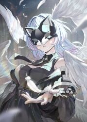 1girl armpit_crease black_jacket black_mask black_necktie black_shirt black_skirt blue_hair cleavage_cutout clothing_cutout collared_halterneck commentary_request facing_viewer falling_feathers feathered_wings feathers floating_hair gradient_hair hair_intakes heartki high-waist_skirt highres indie_virtual_youtuber iori_yuki jacket long_hair multicolored_hair multiple_wings necktie o-ring_necktie off_shoulder outstretched_hand parted_lips second-party_source shirt skirt sleeveless sleeveless_shirt solo virtual_youtuber white_wings wings