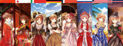 6+girls :o ;d ahoge america_(hetalia) american_flag axis_powers_hetalia black_hair blonde_hair blue_eyes blue_sky bow breasts brown_hair building capelet china china_(hetalia) chinese_clothes choker cleavage clothes_lift cloud collarbone crossed_arms dirndl double_bun dress dress_lift european_clothes eyebrows floral_print flower flower_necklace folding_fan france france_(hetalia) french_flag frills genderswap genderswap_(mtf) german_clothes german_flag germany germany_(hetalia) glasses green_eyes hair_bun hair_flower hair_ornament hairclip hand_fan hand_on_headwear hand_on_own_hip hanfu hat highres holding iroha_(shiki) italian_flag italy japan japan_(hetalia) japanese_clothes japanese_flag jewelry kimono long_hair long_sleeves multiple_girls necklace northern_italy_(hetalia) one_eye_closed open_mouth people&#039;s_republic_of_china_flag plaid puffy_long_sleeves puffy_short_sleeves puffy_sleeves purple_eyes russia russia_(hetalia) russian_clothes russian_flag short_hair short_sleeves sky slavic_clothes smile traditional_clothes tree twintails union_jack united_kingdom united_kingdom_(hetalia) united_states very_short_hair yellow_eyes