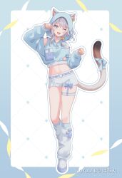 1girl ;d absurdres alternate_costume animal_ear_fluff animal_ears animal_hood aqua_eyes belt blue_border blue_bow blue_hood blue_pupils blue_ribbon blush border bow cat_ears cat_girl cat_hood cat_tail cipher_(honkai:_star_rail) crop_top full_body grey_hair hair_between_eyes highres honkai:_star_rail honkai_(series) hood hood_up long_sleeves midriff multicolored_hair multicolored_tail navel one_eye_closed open_mouth pochimaru_(marumaru_wanwan) ribbon shoes shorts simple_background smile solo standing streaked_hair tail thighhighs white_hair white_shorts
