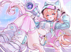1girl :d absurdres animal_ears black_gloves blonde_hair blue_eyes blue_jacket blush boots breasts cat_ear_helmet commentary_request crop_top cropped_jacket dasong double-parted_bangs fang fingerless_gloves gloves goggles hair_between_eyes hair_ornament highres holding jacket long_hair looking_at_viewer midriff mixed-language_commentary open_mouth original short_shorts shorts single_thighhigh smile solo sparkle thighhighs v very_long_hair wavy_hair white_boots