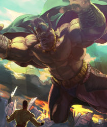 2boys apocalypse armor arms_up beard belt_buckle blue_sky boots brown_hair buckle cape chain cityscape cloud cloudy_sky commentary_request facial_hair fake_horns fighting fighting_stance flying from_behind fur_trim giant giant_male gold_belt gold_necklace green_cape helmet hokuto_no_ken horned_helmet horns itadori_shuu jewelry jumping kenshiro light light_rays multiple_boys muscular muscular_male necklace open_mouth outstretched_arms pants ruins shaded_face shadow short_hair shouting signature sky torso toy_block uighur_(hokuto_no_ken) veins wrist_guards