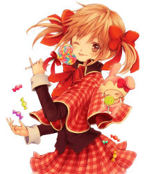 2girls animal_ears bad_id bad_pixiv_id brown_eyes brown_hair candy cape food hair_ribbon heart heart-shaped_food heart-shaped_lollipop lollipop multiple_girls nire nire_(scissors) one_eye_closed pepe_(shugo_chara!) pinky_out plaid rabbit_ears ribbon school_uniform shaped_lollipop short_hair shugo_chara! skirt tongue twintails wink yuiki_yaya
