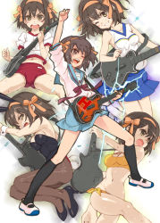 00s 1girl animal_ears bikini black_socks brown_eyes brown_hair buruma cheerleader electricity fake_animal_ears guitar guitar_hero gym_uniform hairband instrument kneehighs leotard lightning murasawa_hiroshi one_eye_closed pantyhose playboy_bunny rabbit_ears school_uniform serafuku shoes short_hair socks suzumiya_haruhi suzumiya_haruhi_no_yuuutsu sweat swimsuit uwabaki wink